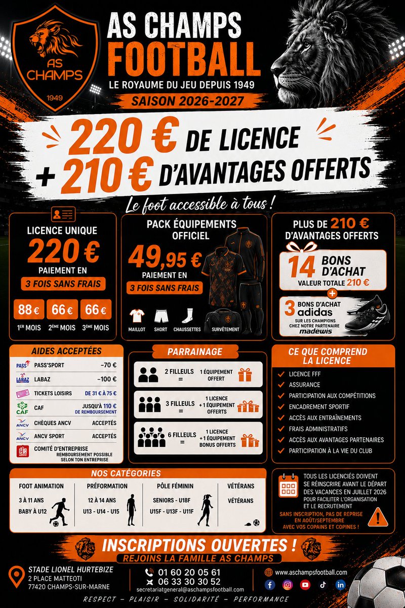 ASChampsFoot's tweet photo. Inscriptions et réinscriptions ouvertes ! Licence à 220 € + de nombreux avantages et aides acceptées.

⚽ Rejoins la famille AS Champs Football et prépare ta saison dès maintenant ! https://t.co/vkZUR3yvli