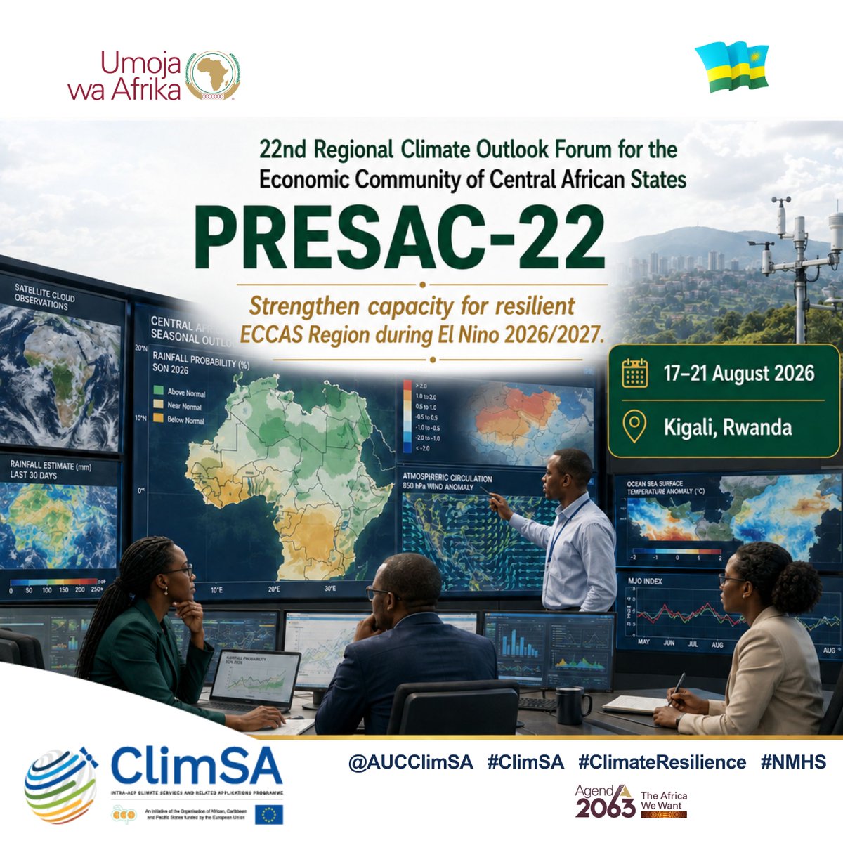 AU_DARBE's tweet photo. #PRESAC22 is not just another forecasting meeting. 
It is a platform connecting climate science to preparedness in key sectors agric,health,#water &amp; #DRR 
Through @AucClimsa ECCAS continues to strengthen regional systems that contribute to Central Africas Early Warnings. #ElNiño https://t.co/8s97ATQ1Kw