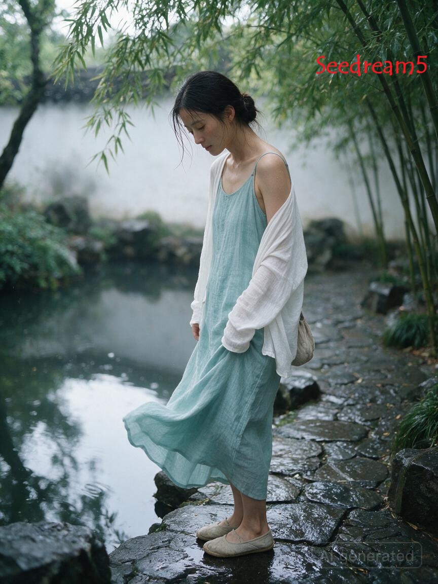 ibestools's tweet photo. #EverydayBeauties #Byteplus #Seedream5 #Image2 #Gemini #Grok 
我用相同的Prompt分别用image2、Seedream5.0、Gork、Gemini四个工具生成了图片，你觉得哪个更胜一筹呢？
I used the same Prompt to generate images with four tools: Image2, Seedance 2.0, Gork, and Gemini respectively. Which one do you think is better?
主题： 苏州园林雨后；
Theme: Suzhou Gardens after rain；
地点： 中国苏州拙政园附近园林小径；
Location: the garden trails near the Humble Administrator's Garden in Suzhou China；

Prompt： 
3:4, iPhone 17 rear camera with 26mm wide-angle lens shot candid real-life photo.

Subject: 28-year-old slender Chinese woman, soft natural facial features, elegant and quiet temperament, wearing soft light cyan linen dress, loose thin white cardigan, cloth shoes and small fabric bag, standing slightly sideways to the pond, the white cardigan slips off one shoulder exposing the dress strap and collarbone, the dress hem is gently blown by the breeze and sticks to the side of her leg, looking down at the reflection in the pond, quiet and calm expression.

Scene: Classical garden near Suzhou Humble Administrator's Garden after rain, wet bluestone path, low hanging bamboo, pond reflecting grayish daylight, white wall with faint mist, soft diffused natural daylight from overcast sky.

Composition: Medium shot, slightly lower than eye level, slight natural tilt without motion blur.

Texture details: Real skin texture with visible fine pores and moist sheen from humid air, few slightly damp strands of hair sticking to the cheek, natural candid non-posed feeling, no professional composed framing.

Camera settings: Simulate f/2.0 mobile sensor bokeh, subtle natural grain, slightly soft exposure matching overcast rainy day lighting.

Negative prompt: Plastic skin, over-smoothed, AI internet celebrity face, wax figure effect, studio lighting, professional photography composition, extra fingers, deformed limbs, watermark, logo, messy text, collage, four-grid frame.