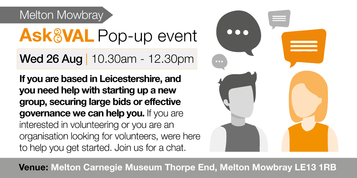 valonline's tweet photo. #askVAL 
Are you interested in getting involved in volunteering and community action in Leicestershire?
➡️Come along and join us for a chat to find out more: 
https://t.co/khkUZJziMb
@VAL_SST https://t.co/IDFoJlpe7T