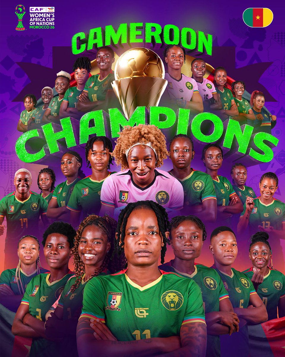 FRauCameroun's tweet photo. Bravo aux lionnes 🦁 indomptables 🇨🇲, championnes d'Afrique qui remportent le trophée continental pour la toute première fois.🎉🍾

#Hemle
#Lionnesindomptables
#canféminine https://t.co/HTDuCbY4wn