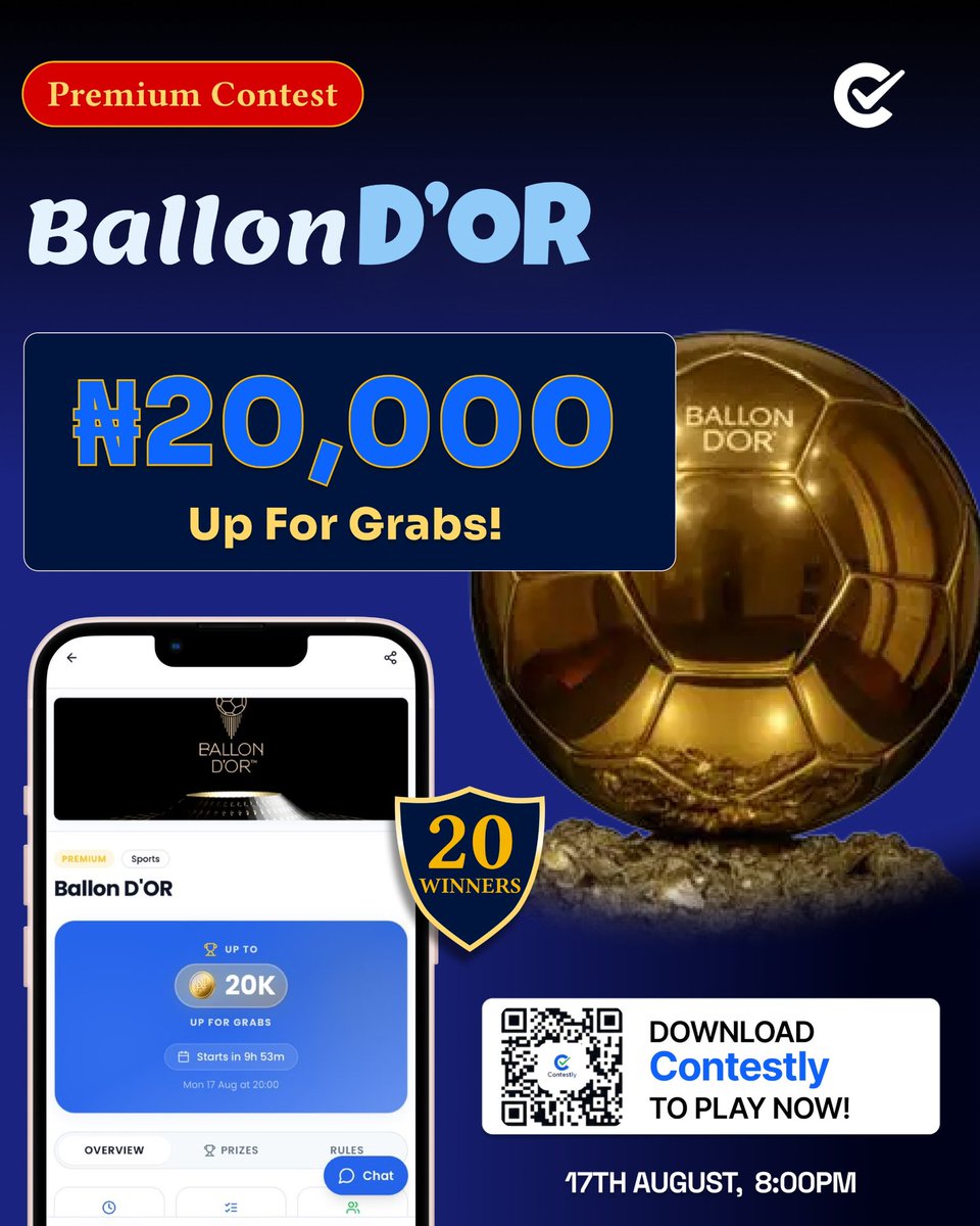 ContestlyGlobal's tweet photo. 🚨CONTEST ALERT FOR TODAY🚨
CONTEST TYPE: PREMIUM 🤑
CATEGORY: Football⚽️
TIME: 8PM 🕘
PRIZE: 20K 🏆
Enrol here:
https://t.co/kZNqDaa9xv https://t.co/rf3OWo6O3k