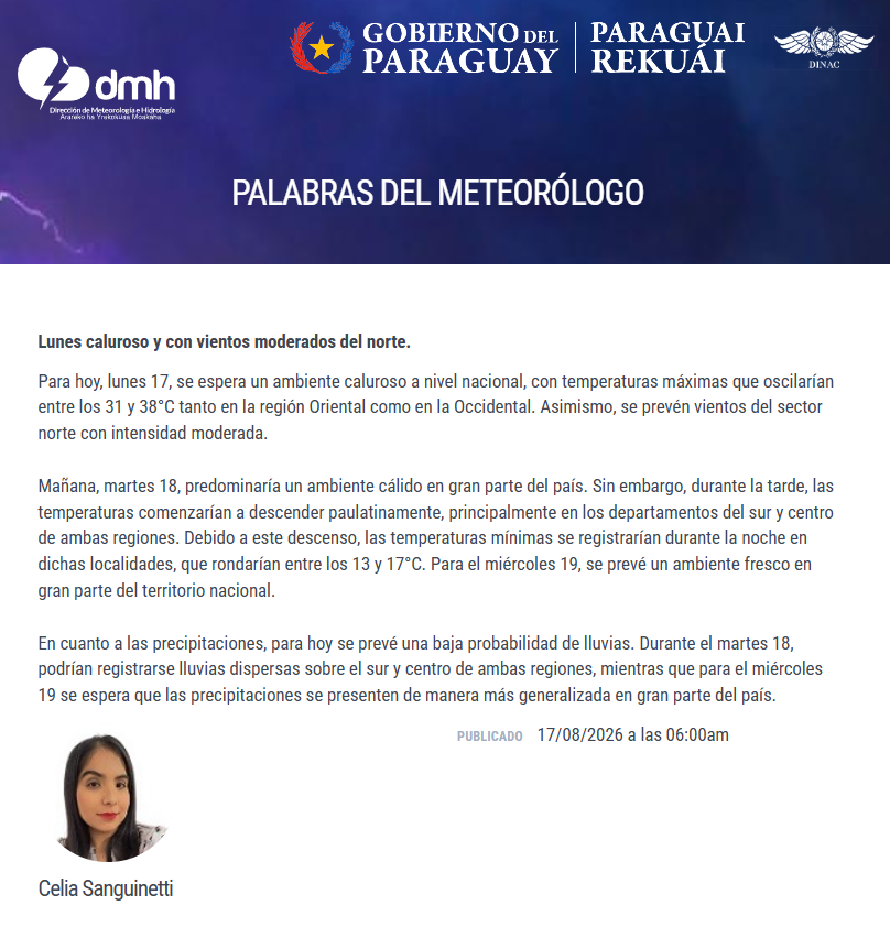 DMH_paraguay's tweet photo. Lunes caluroso y con vientos moderados del norte.
Enlace: https://t.co/czRRuGojQl
Fecha: 17/08/2026
Hora: 06:02 h https://t.co/IWHlw6JheB
