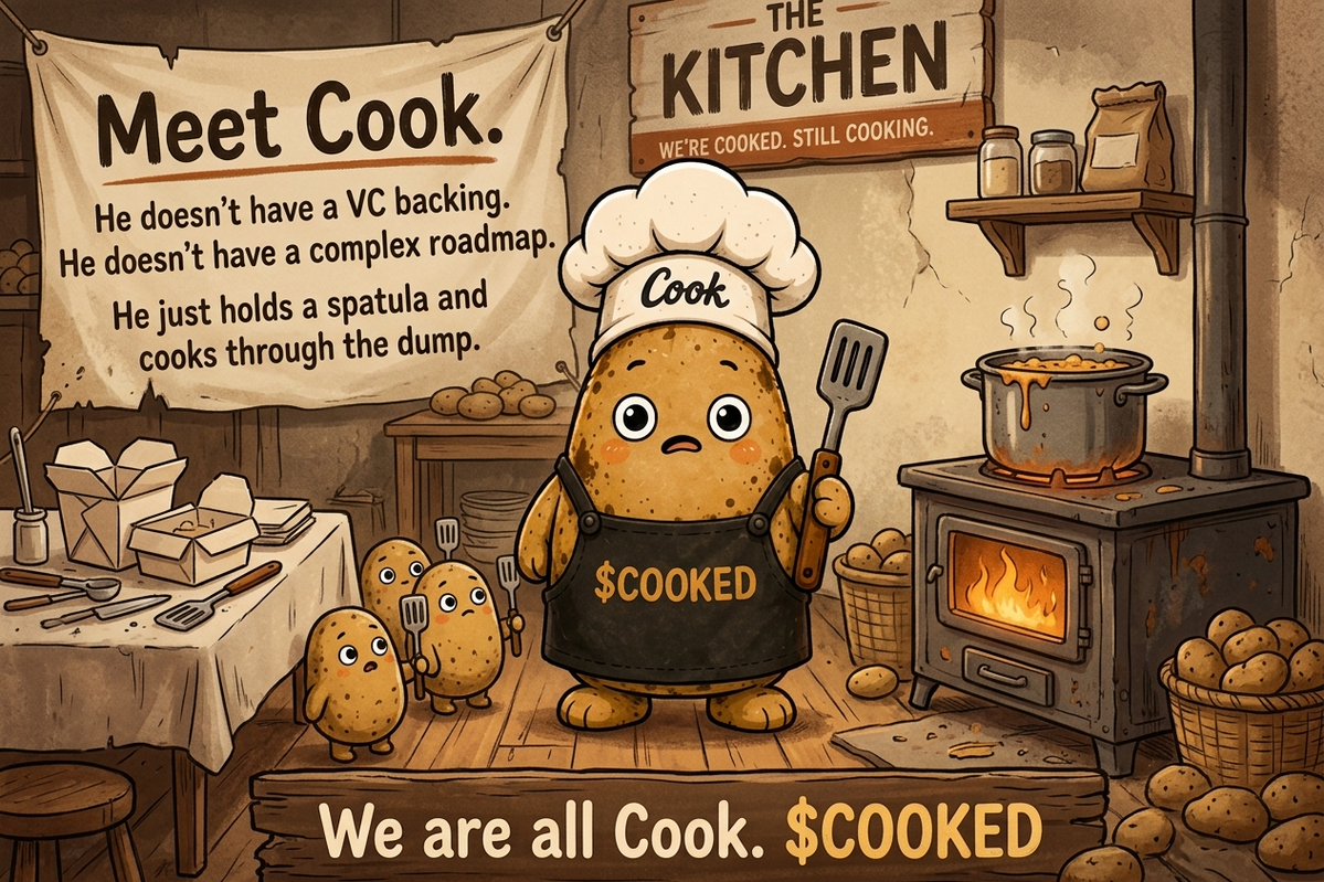 CookedMeme_'s tweet photo. Meet Cook. 🥔
He doesn't have a VC backing.
He doesn't have a complex roadmap.
He just holds a spatula and cooks through the dump.
We are all Cook. $COOKED https://t.co/Nr9Vq0csi3