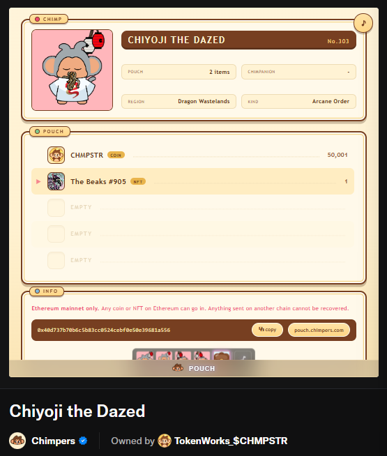 man_versus_coin's tweet photo. Looks like @jcsoxiety got Aritsugu with the bounties.

I enjoy this tech so i just added The Beaks #905 to the next strategy-listed Chimpers (#303) ERC-6551 wallet

Chiyoji the Dazed is now owning :
- 50K CHMPSTR (added by @ChimpersHQ team using the dojo reserve)
- 1 @thebeaksart NFT
- bonus point on the Chimpers collector hub.