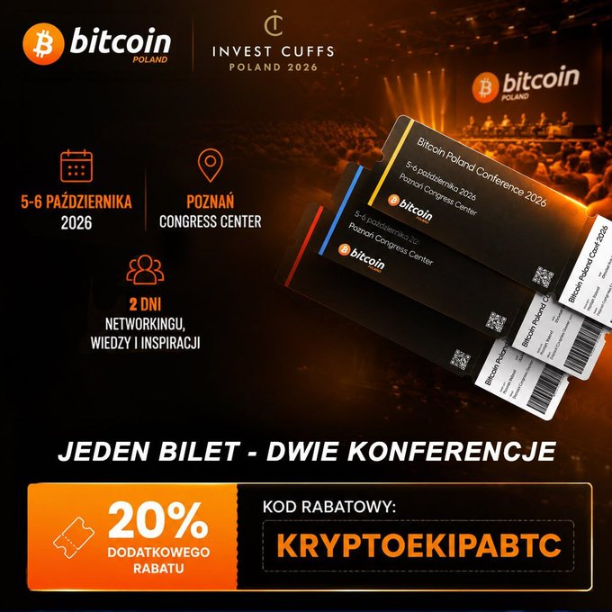 MaciejTomczyk3's tweet photo. Przypominam — Bitcoin Poland Conference 2026 już 5–6 października w Poznaniu!
To pierwsza w Polsce międzynarodowa konferencja w 100% poświęcona Bitcoinowi. Na miejscu prelekcje, panele, networking oraz goście i eksperci z Polski i zagranicy.
Co ważne, jeden bilet daje dostęp do dwóch konferencji:
Bitcoin Poland Conference - @Bitcoin_Poland 2026 oraz Invest Cuffs- @InvestCuffs
Na miejscu będzie też stoisko KryptoEkipy , więc wpadajcie przybić piątkę 👊
Bilety:
🎟️https://t.co/N3XsAU2EWT
Kod rabatowy: KRYPTOEKIPABTC - 20% rabatu 🔥
Do zobaczenia w Poznaniu!
#KryptoEkipa #BitcoinPoland #InvestCuffs
