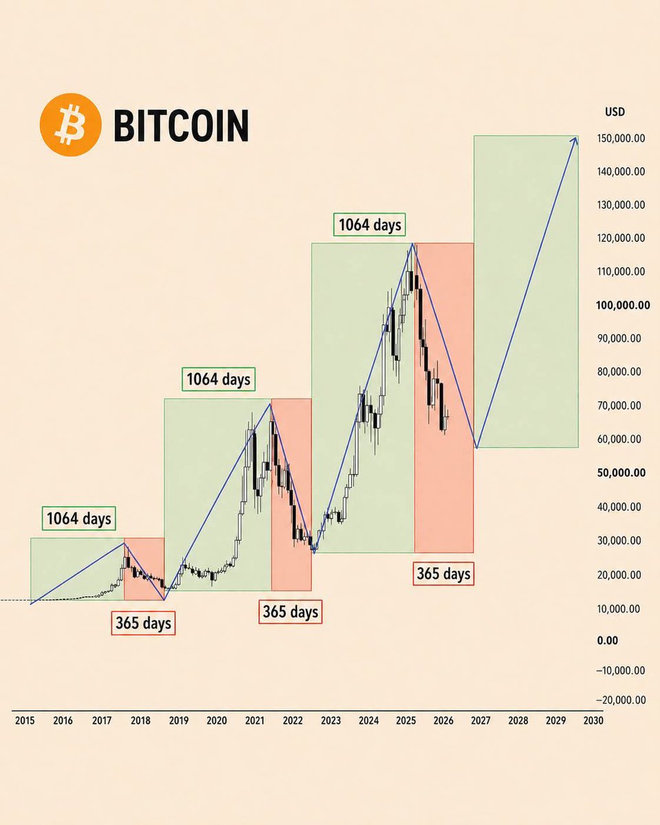 Artless101's tweet photo. 🚨 DOES BITCOIN HAVE JUST 53 DAYS LEFT?

Look at this pattern:

2015–2017 bull run: 1,064 days
2017–2018 decline: 364 days
2018–2021 bull run: 1,064 days
2021–2022 decline: 364 days
2022–2025 bull run: 1,064 days

If the cycle repeats again, the next bottom could arrive around October 5, 2026. 👀

While the entire market is waiting for “the breakout” and drawing targets for a new ATH, Bitcoin may simply be following its own calendar.

The irony?

BTC sometimes follows cycles better than traders follow their stop-losses. 😂

What do you think — coincidence or something worth watching? 👇
