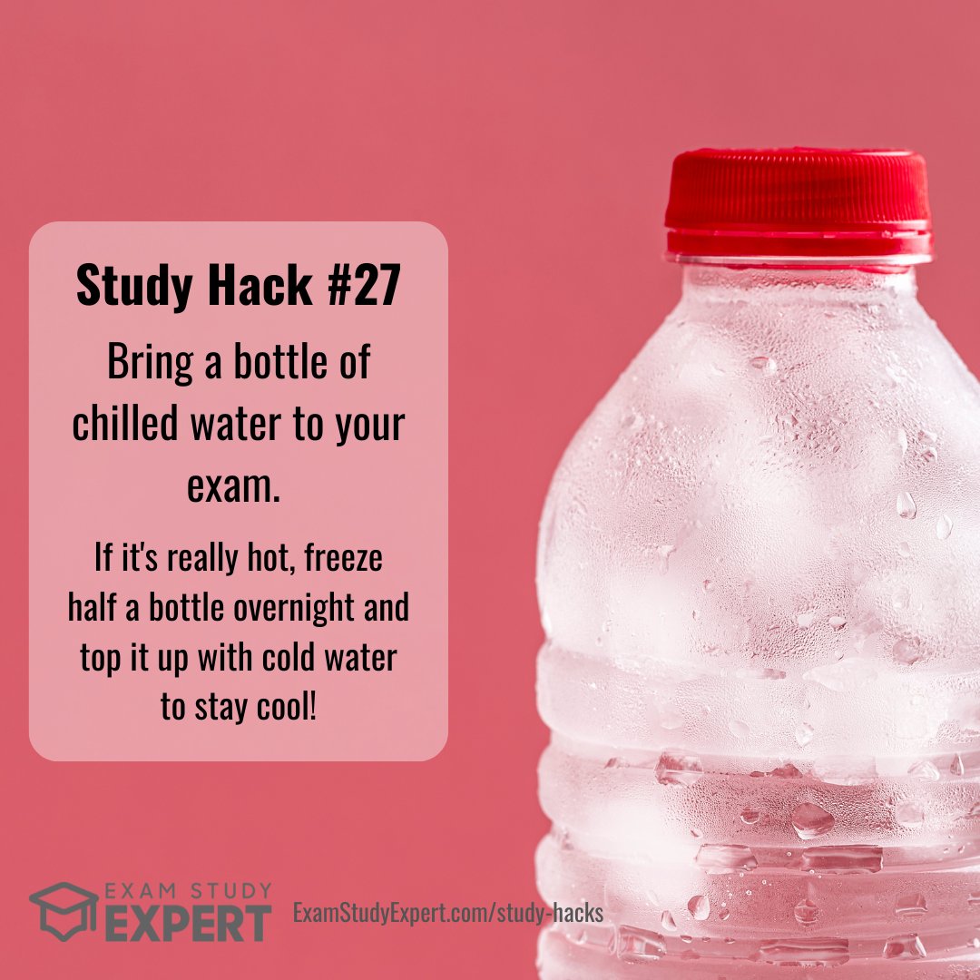 examstudyexpert's tweet photo. Study Hack - Bring a bottle of chilled water to your exam. If it's really hot, freeze half a bottle overnight and top it up with cold water to stay cool! Find out more at https://t.co/J4ZjlgpzNB
#studyhack #studytips #examstudytips https://t.co/sSUdqYBVNl