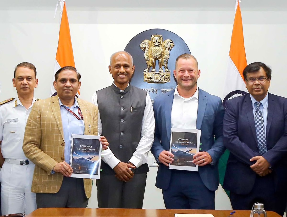 ANI's tweet photo. The Ministry of Defence has signed a contract with General Atomics Aeronautical Systems, Inc. (GA-ASI) for the leasing of two MQ-9B Sea Guardian High-Altitude Long-Endurance (HALE) Remotely Piloted Aircraft Systems (RPAS) for the Indian Navy for a period of 30 months. The contract is valued at approximately Rs 1,943 crore. 

The MQ-9B Sea Guardian HALE RPAS, equipped with advanced systems, state-of-the-art sensors and sophisticated payloads, will significantly enhance the Indian Navy’s Maritime Domain Awareness capabilities. The systems will provide persistent Intelligence, Surveillance and Reconnaissance coverage over vast areas of the maritime domain, strengthening India’s ability to monitor and respond to developments across the Indian Ocean Region.

(Pics: Ministry of Defence)
