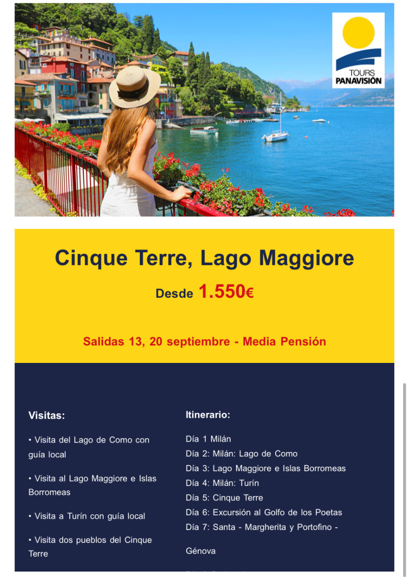 viajespina's tweet photo. 🌿🇮🇹 Cinque Terre, Lago Maggiore… un viaje para enamorarse de Italia.

De los rincones más espectaculares del norte de Italia en un circuito que combina ciudades con historia, paisajes de ensueño y pueblos con un encanto único.

✈️ Reserva tu plaza

📞 988 253 359 https://t.co/JmdbFU1MBS
