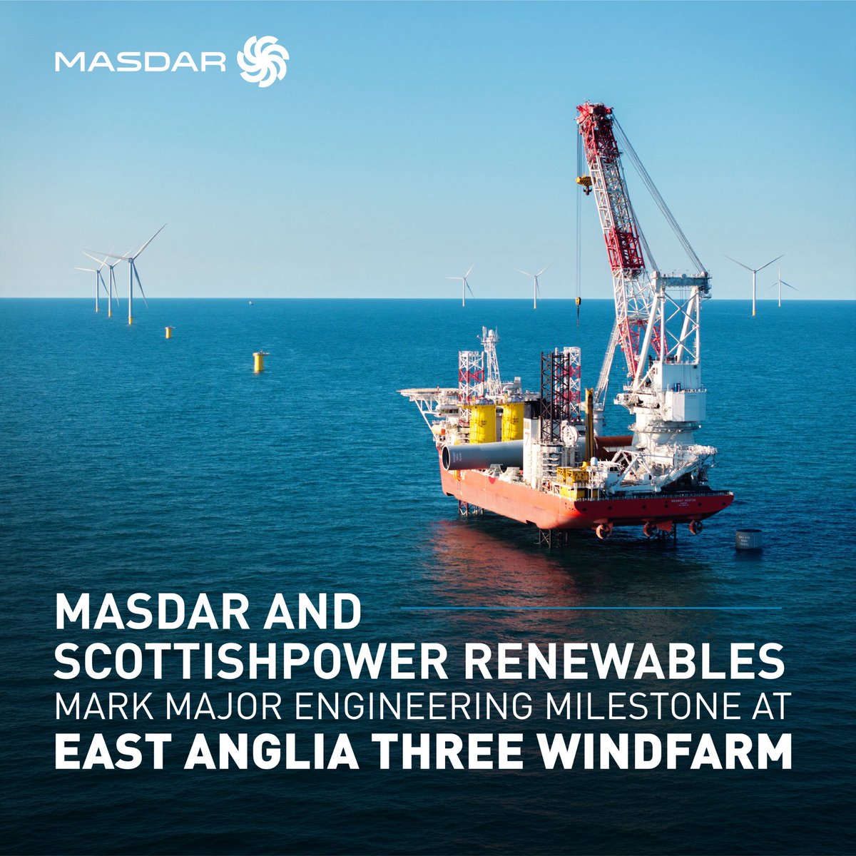 Masdar's tweet photo. We are proud to announce that Masdar and ScottishPower Renewables have completed a major construction milestone at the £4 billion East Anglia THREE offshore wind farm, with all 95 foundations now installed off the Suffolk coast.

East Anglia THREE is the second project to be developed as part of Masdar and Iberdrola’s €15 billion strategic partnership and the first with ScottishPower Renewables in the UK. Once fully operational, the project will deliver 1.4GW of affordable, home-grown clean power to the UK.

Read more: https://t.co/saqux0qDsr

#Masdar #ThePowerOfNext