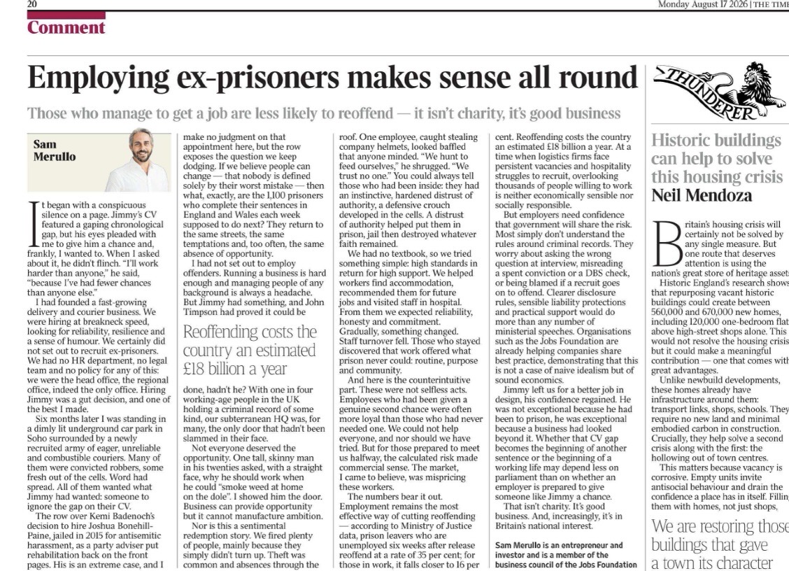 SamMerullo's tweet photo. I’ve written a comment piece for today’s The Times.

10 yrs ago I launched a scheme to employ ex-offenders. It turned my hair grey, but we kept people off the streets, put people on the tax roll and provided purpose to the disenfranchised. https://t.co/zuNFUNR8B7
