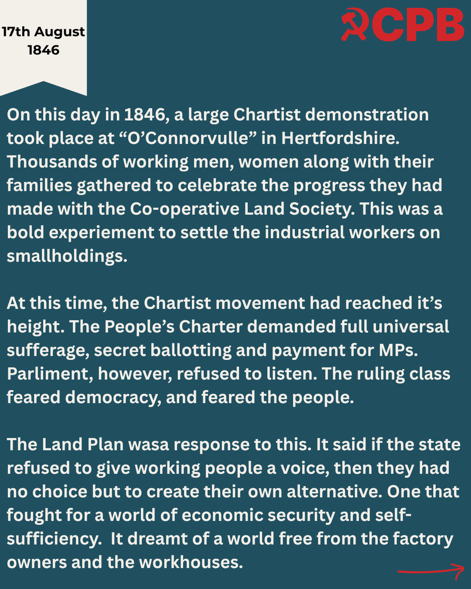CPBritain's tweet photo. On this day in 1876.

Thousands of Chartists gathered at O'Connorville, not just for the vote, but for land, for food, and for freedom.

The People's Charter demanded democracy. 

The Land Plan demanded economic independence. 

The ruling class said no.

Today, we carry their fight forward.

Join the Communist Party.
🔗 https://t.co/Xz650k5EFw

#OTD #Chartists #WorkingClassHistory #SocialistHistory #PeoplesCharter