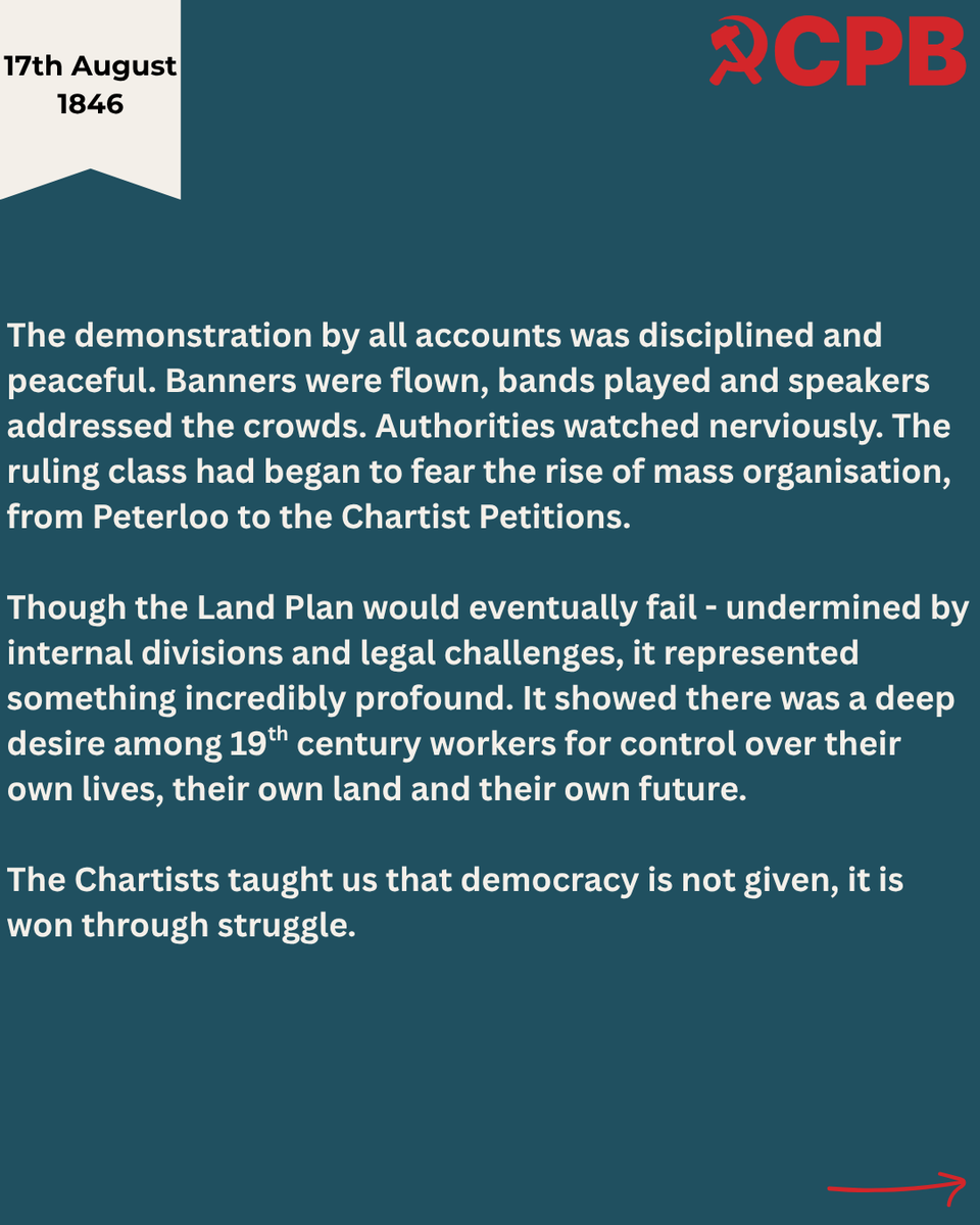 CPBritain's tweet photo. On this day in 1876.

Thousands of Chartists gathered at O'Connorville, not just for the vote, but for land, for food, and for freedom.

The People's Charter demanded democracy. 

The Land Plan demanded economic independence. 

The ruling class said no.

Today, we carry their fight forward.

Join the Communist Party.
🔗 https://t.co/Xz650k5EFw

#OTD #Chartists #WorkingClassHistory #SocialistHistory #PeoplesCharter