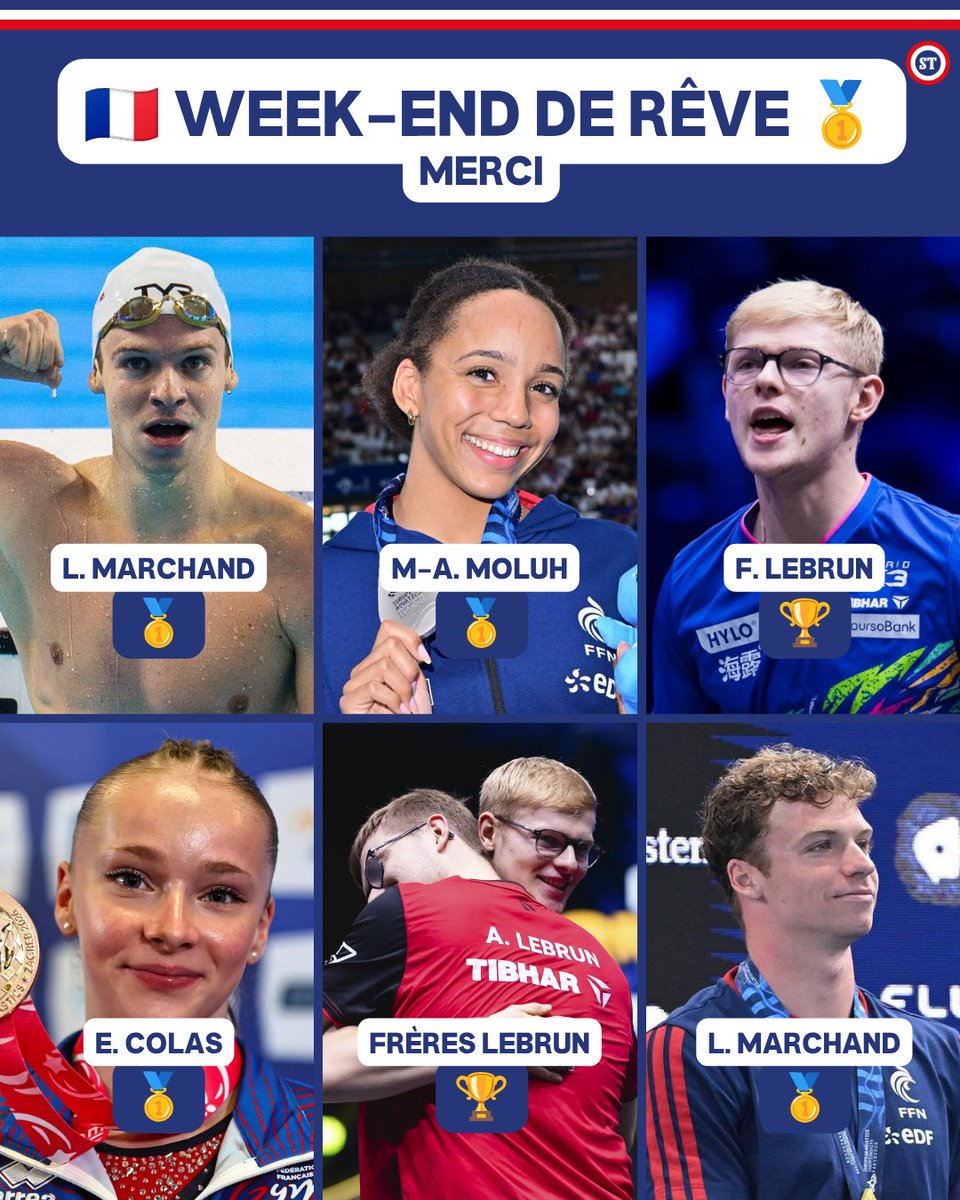 sportricolore's tweet photo. 🇫🇷 Week-end de rêve pour le sport Français ❤️

🥇🥇 Léon Marchand
🏆 Félix Lebrun
🥇 Mary-Ambre Moluh
🥇 Elena Colas
🏆 Frères Lebrun

Merci à nos tricolores pour les émotions. https://t.co/FwohgA3k38