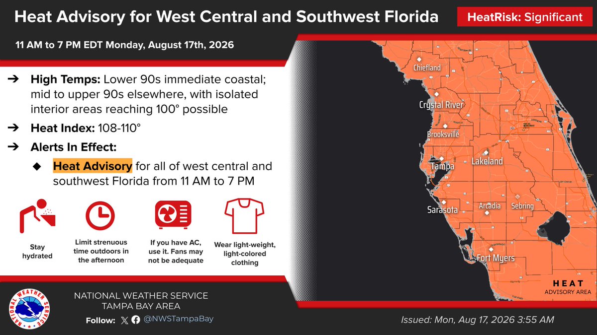 NWSTampaBay's tweet photo. 7-Day #FLwx Outlook 👇

🌡️ Heat Advisory again today; remember to practice heat safety!

🥵 Hot and humid conditions continue into mid week before moderating.

💦 Rain chances gradually increase area wide by mid week. https://t.co/ruI5BSEAY9