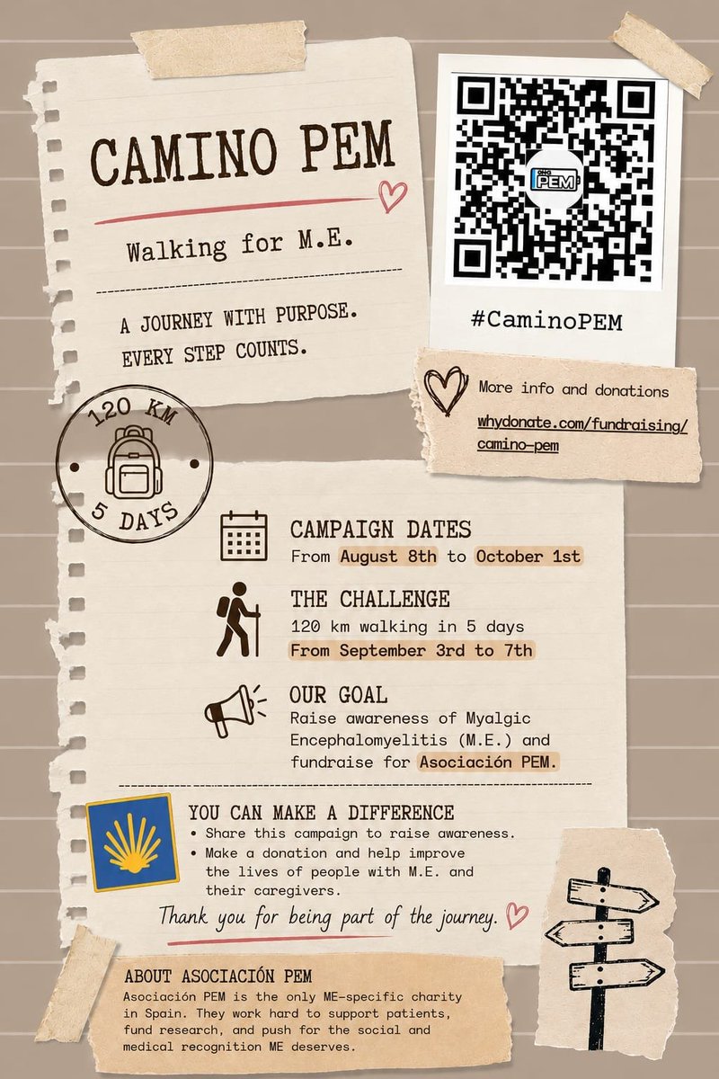 LauraCayuela7's tweet photo. In Sept my wife will walk 120km of the Camino in 5 days to raise awareness of ME & fundraise for @AsociacionPEM. So far:
🌟2157€ raised
🌟55 supporters
🌟43% of our goal reached
Please like & RT so we can reach a wider audience🙏🏼💙 Thanks! #CaminoPEM
https://t.co/2N2NgtyAiV https://t.co/Krsl0VsUDW