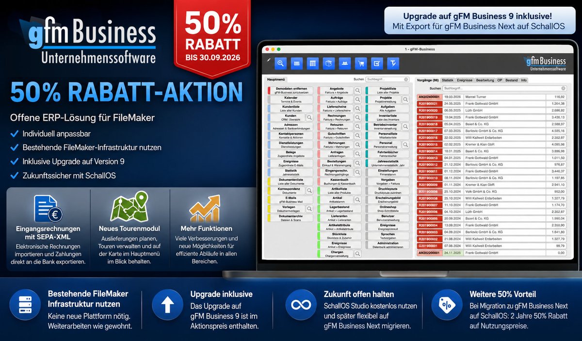 Gestite già un FileMaker Server e state cercando una soluzione ERP aperta basata sulla piattaforma FileMaker? Allora la nostra attuale promozione potrebbe interessarvi: fino al 30 settembre potrete acquistare tutte le licenze gFM Business Pro con uno sconto del 50 %. La soluzione ERP è retrocompatibile fino a FileMaker 17 e può essere implementata su un’infrastruttura FileMaker esistente e personalizzata in base alle esigenze. L’aggiornamento a gFM Business 9 è incluso – e con SchallOS si apre inoltre la strada verso la prossima generazione di piattaforme. #FileMaker #ERPSoftware #gFMBusiness #SchallOS #KMU #