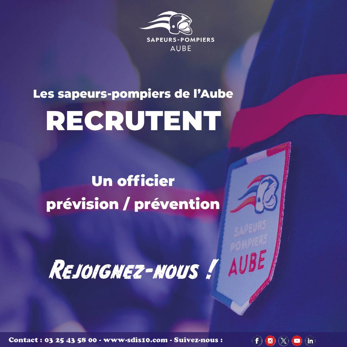 SDIS_10's tweet photo. Le SDIS de l’Aube recherche un officier pour rejoindre son service prévision / prévention.
Lieu : Etat-Major à Troyes (1h30 de Paris) : ville médiévale au cœur de l’Aube, célèbre pour ses maisons à pans de bois ...
Plus d'infos : https://t.co/v5hF89Uqbu https://t.co/N0kMLbqSUQ