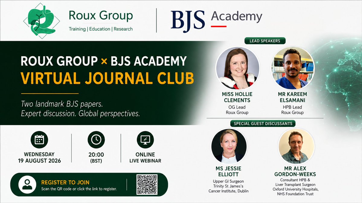 BJSAcademy's tweet photo. ⏰ JUST 2 DAYS TO GO!

Don’t miss the next BJS Academy Virtual Journal Club, held in partnership with the @roux_group, this Wednesday, 19 August at 20:00 BST.

📚 Two recent surgical oncology papers.
💬 Expert discussion and critical appraisal.
🌍 Open to the global surgical community.
We’ll be discussing:
🔹 @BJSurgery: SPACE-FLOT — pathological response and adjuvant FLOT chemotherapy in surgically resected gastro-oesophageal cancer

🔹@BJSOpen: Resection margins after surgery for colorectal liver metastases in the era of modern chemotherapy

With presentations from Miss Hollie Clements and Mr Kareem Elsamani, followed by expert discussion with Ms Jessie Elliott and Mr Alex Gordon-Weeks.

💻 Online | Wednesday 19 August | 20:00 BST

👉 Register now: https://t.co/p0jPvmaKGd

#BJSAcademy #VirtualJournalClub #Surgery #SurgicalResearch #BJS #BJSOpen #RouxGroup