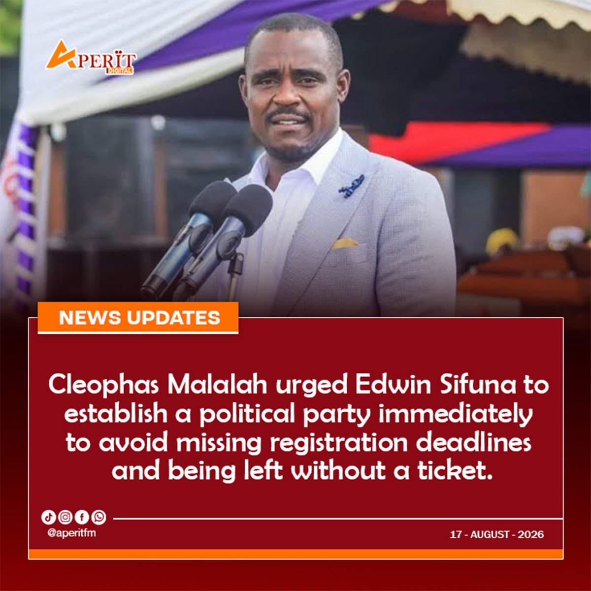 Aperit_fm's tweet photo. Cleophas Malalah urged Edwin Sifuna to establish a political party immediately to avoid missing registration deadlines and being left without a ticket. https://t.co/ep8PsVTqkU