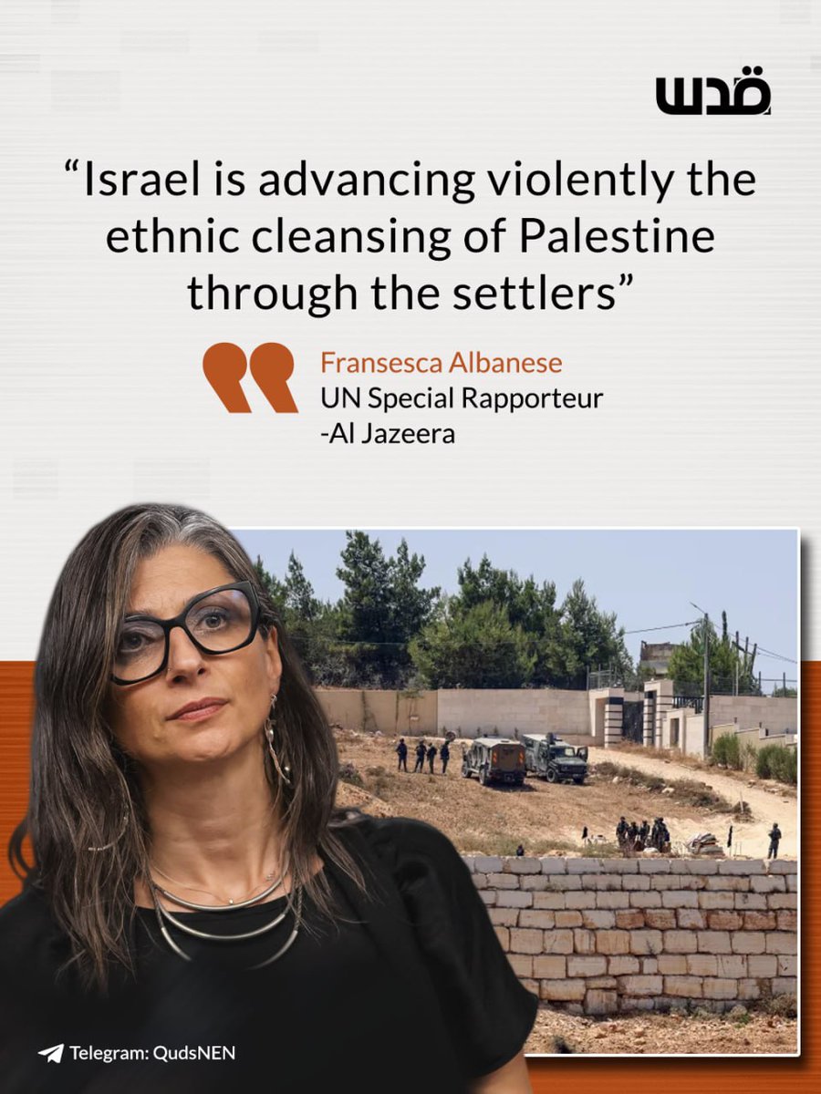QudsNen's tweet photo. UN Special Rapporteur Francesca Albanese told Al Jazeera that the violence in Qusra must be viewed within Israel’s decades-long occupation and “total impunity” toward Palestinians, warning that the situation has reached “a climax.”

She stresses that the “occupation is illegal” and that Palestinians remain entitled to protection under international law, including safeguards against disproportionate military action.

Albanese added that “Israel has outsourced coercion to the settlers” and is “advancing violently the ethnic cleansing of Palestine through the settlers,” condemning the international community as “incredible and utterly shameful” for allowing it to continue.

Israeli settlers have been besieging three Palestinian homes in the village of Qusra in the occupied West Bank for a week, trapping residents inside and cutting off their water and power supplies.