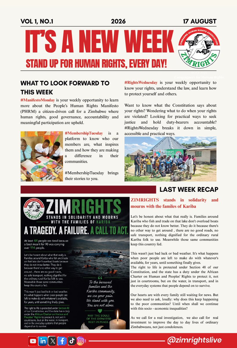 ZimRightsLIVE's tweet photo. #Newweek A new week, a new opportunity to learn, engage and stand up for human rights! Here’s what to expect from ZimRights this week:
📌 #ManifestoMonday – Explore the People’s Human Rights Manifesto and the 10 Asks for a rights-respecting Zimbabwe.
👥 #MembershipTuesday – Meet the people behind ZimRights and hear their journeys in human rights activism.
⚖️ #RightsWednesday – Know your rights, understand them and learn how you can protect and claim them.
🏛️ #YourRightsInParliament – Learn how Parliament works, how laws affect your rights and how you can participate in democratic processes.
Stay connected, stay informed and join us as we continue building stronger communities where every voice counts.