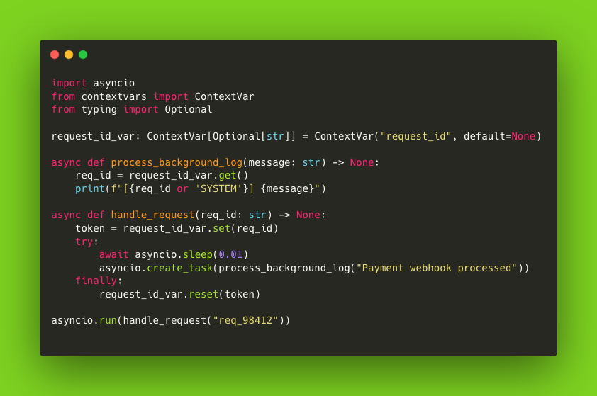 dipaaksarkar's tweet photo. Passing request IDs through 12 async function signatures in Python is an anti-pattern.

Global variables leak across async tasks because event loops reuse threads. `ContextVar` solves this natively by isolating state to the async execution context.

`ContextVar.set()` returns a token to safely restore context in `finally` blocks, preventing memory and trace leakage across concurrent workers.

Here is how to trace background tasks without breaking function signatures:

#Python #AsyncIO #WebDev #Backend #SoftwareEngineering