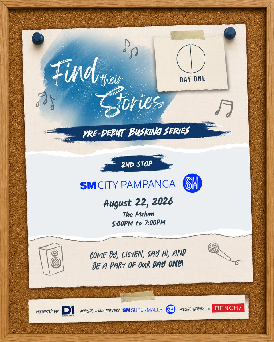 DAYONEOfficial_'s tweet photo. THE STORY CONTINUES. 💙

After an unforgettable first stop, we're heading to our next destination.

📍 SM City Pampanga – The Atrium
📅 August 22, 2026 | 5:00PM to 7:00PM

Join us for another chapter of DAY ONE Find Their Stories: A Pre-Debut Busking Series.

Come by, listen, say hi, and create new memories with us.

Another stop. Another story.

See you soon, Pampanga. 👀💙

#DAYONEOfficial #DAYONEFindTheirStories