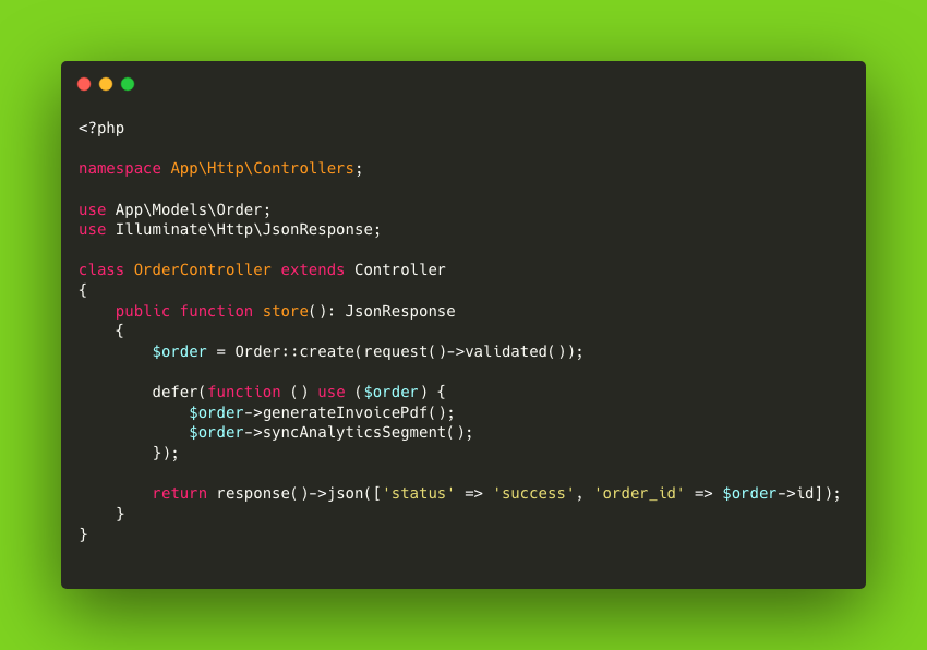 dipaaksarkar's tweet photo. Dispatching heavy queue jobs just to send a confirmation log or sync analytics after an HTTP response adds unnecessary Redis worker overhead.

Laravel's `defer()` helper executes heavy closures right after the HTTP response is sent to the client — without keeping the user waiting.

Response time drops from 380ms to 18ms while audit logs and secondary API calls finish safely in the background.

Here is how to offload post-response tasks without Redis queue bloat:

#Laravel #PHP #WebDev #Backend #SoftwareArchitecture
