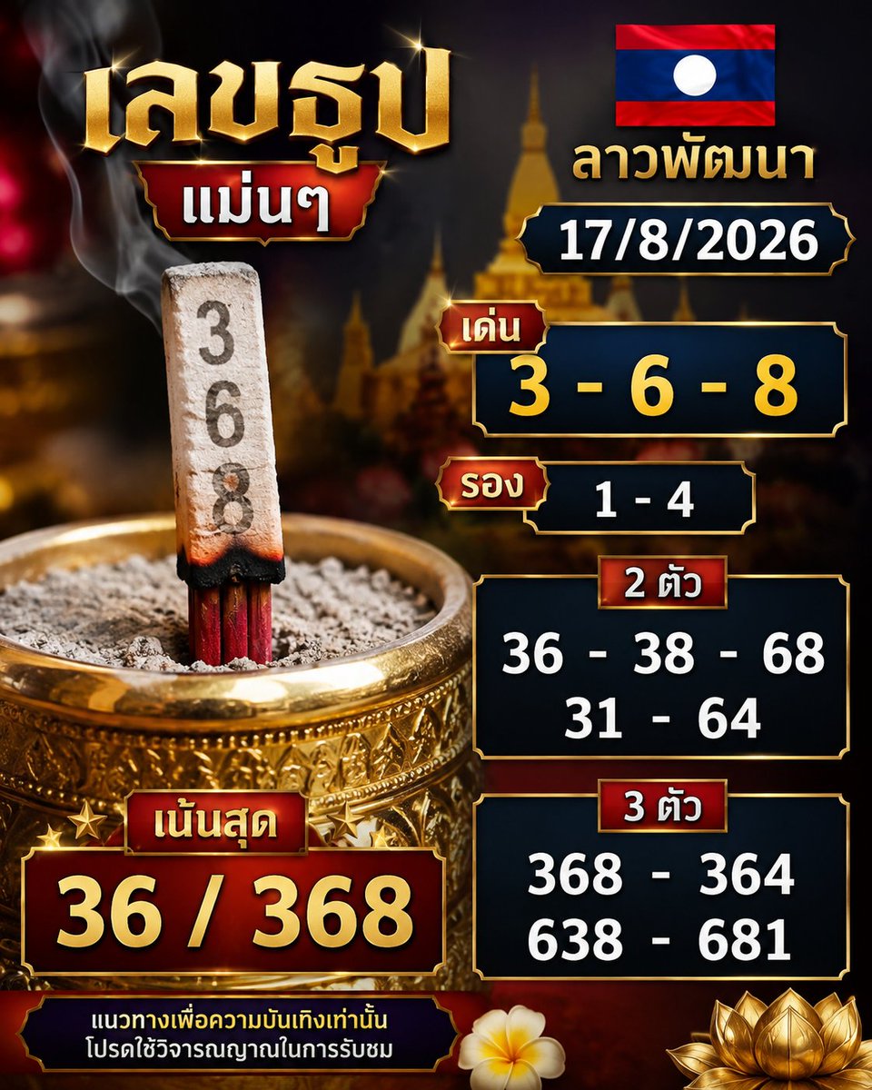 HRM1099381's tweet photo. 🕯️ แนวทางเลขธูป ลาวพัฒนา 🇱🇦
📅 งวดวันที่ 17/08/2026
💥 ชุดเน้นๆ : 368
🎯 บาทละ 1000 / 100  : https://t.co/sl00ZCcri7
🍀 ขอให้โชคดี เฮงๆ ปังๆ ค่ะ

#ลาวพัฒนา #หวยลาว #หวยลาววันนี้ #หวยลาวพัฒนา #แนวทางหวยลาว #เลขเด็ด #เลขธูป #เลขธูปลาวพัฒนา #หวยวันนี้ #หวยเด็ด #หวยลาวล่าสุด #ลาว https://t.co/8A2AYcpcnS