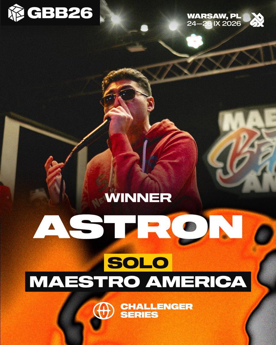 swissbeatbox's tweet photo. QUALIFIER NO. 8

🇦🇷 Astron

🌎 Maestro América 2026 - Solo Champion

Maestro América took place in Bogotá 🇨🇴 2026.
Welcome to the GBB26 Solo line-up!

See you on stage in Warsaw, Poland.

🎟️ TICKETS | https://t.co/1dz7VpATuf

#SBX #GBB26 #maestroamerica #astron #beatbox https://t.co/h632z333qY