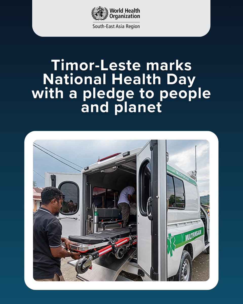 WHOSEARO's tweet photo. #TimorLeste 🇹🇱 marked its 11th National Health Day, celebrated this year under the theme "My Sea, My Timor, My Health", honouring the dedication of health workers across the country and reinforcing the importance of protecting both people and the environment to achieve a healthier future.

At the event,

👉🏽 three new resources developed with @WHO support were launched
👉🏽 the Ministry of Health handed over a new ambulance to the Viqueque Municipal Authority
👉🏽outstanding health workers and National Health Day Cup champions were recognised for their service

🔗: https://t.co/06aODFevFB 

#HealthForAll #publichealth