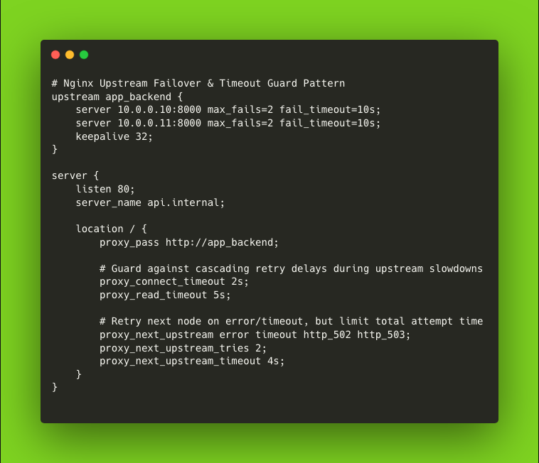 dipaaksarkar's tweet photo. Default Nginx proxy settings will destroy your microservices during an outage.

When an upstream app node slows down or drops requests:
• Standard timeout is 60s
• Retries cycle through all bad nodes endlessly
• Client request pools fill up in seconds
• A single node failure cascades into a total platform outage

The fix isn't adding more servers.
It's configuring strict failover boundaries:

• Lower `proxy_connect_timeout` to 2s
• Cap `proxy_next_upstream_tries` to 2
• Limit `proxy_next_upstream_timeout` to 4s

Fail fast. Failover cleanly. Keep the rest of your system alive.

#DevOps #Nginx #Infrastructure #SystemArchitecture #CloudComputing