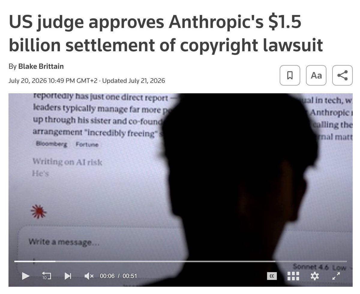 Article screenshot attached to the provenance thread highlighting the scale of a copyright settlement around training data