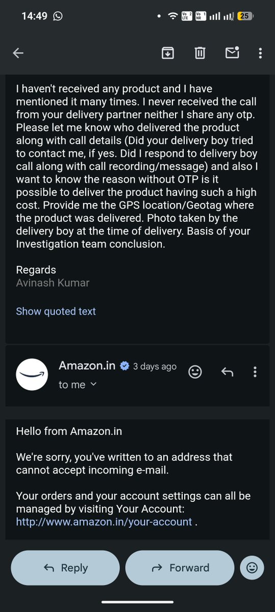 AkkianAvi's tweet photo. @AmazonHelp I have already filled the form.  But I am getting positive response from Amazon. Everytime they copy paste the same email. Even when I reply to the same mail It shows me error as you can see in attached pics https://t.co/FQDl2xMQzW