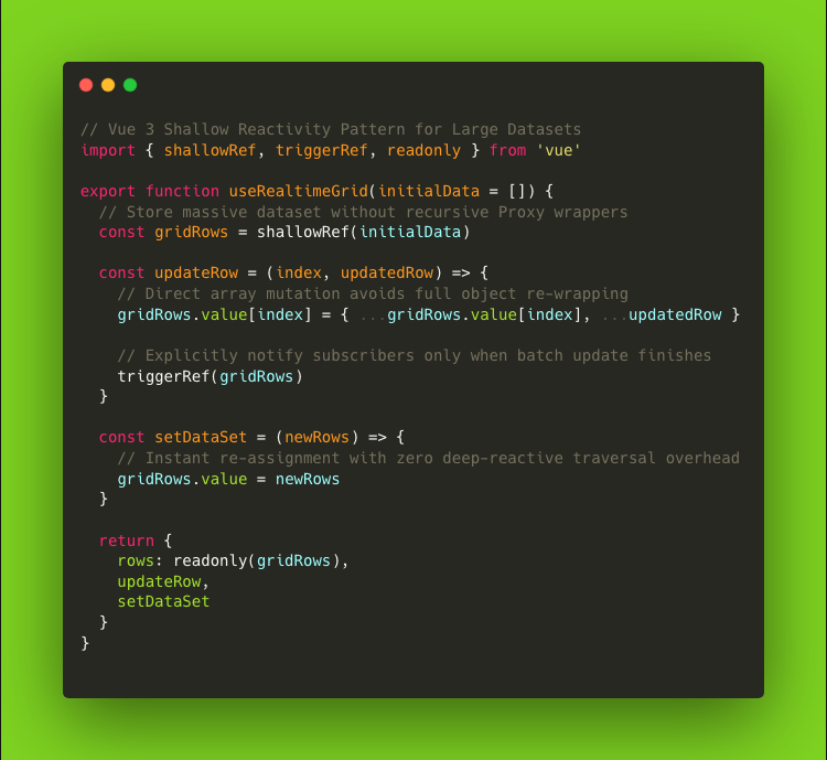dipaaksarkar's tweet photo. Using `ref()` for 10,000+ row data feeds will tank your Vue 3 app performance.

Why?
Standard `ref()` creates deep reactivity proxies for every nested property.
When high-frequency WebSocket updates stream in:
• Memory usage balloons from tens of thousands of Proxy instances
• Garbage collection spikes trigger micro-stutters
• Re-renders block main thread UI execution

The solution is `shallowRef()` + `triggerRef()`:

• `shallowRef()` tracks root `.value` assignment only
• Object mutations skip recursive reactivity overhead
• `triggerRef()` manually signals Vue when mutations complete

Result: 90% reduction in GC pauses and butter-smooth rendering.

#VueJS #Frontend #JavaScript #WebDev #Performance