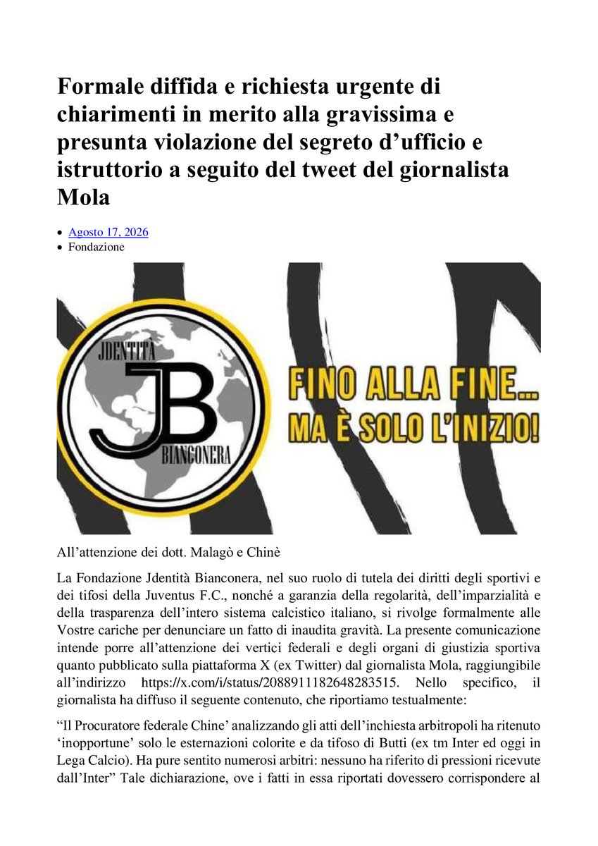 MarcoCento38849's tweet photo. Formale  diffida e richiesta urgente di chiarimenti in merito alla gravissima e  presunta violazione del segreto d’ufficio e istruttorio a seguito del  tweet del giornalista Giulio Mola. @fondazioneJdentitàBianconera. fondazionejb. https://t.co/WmzpSX10qE