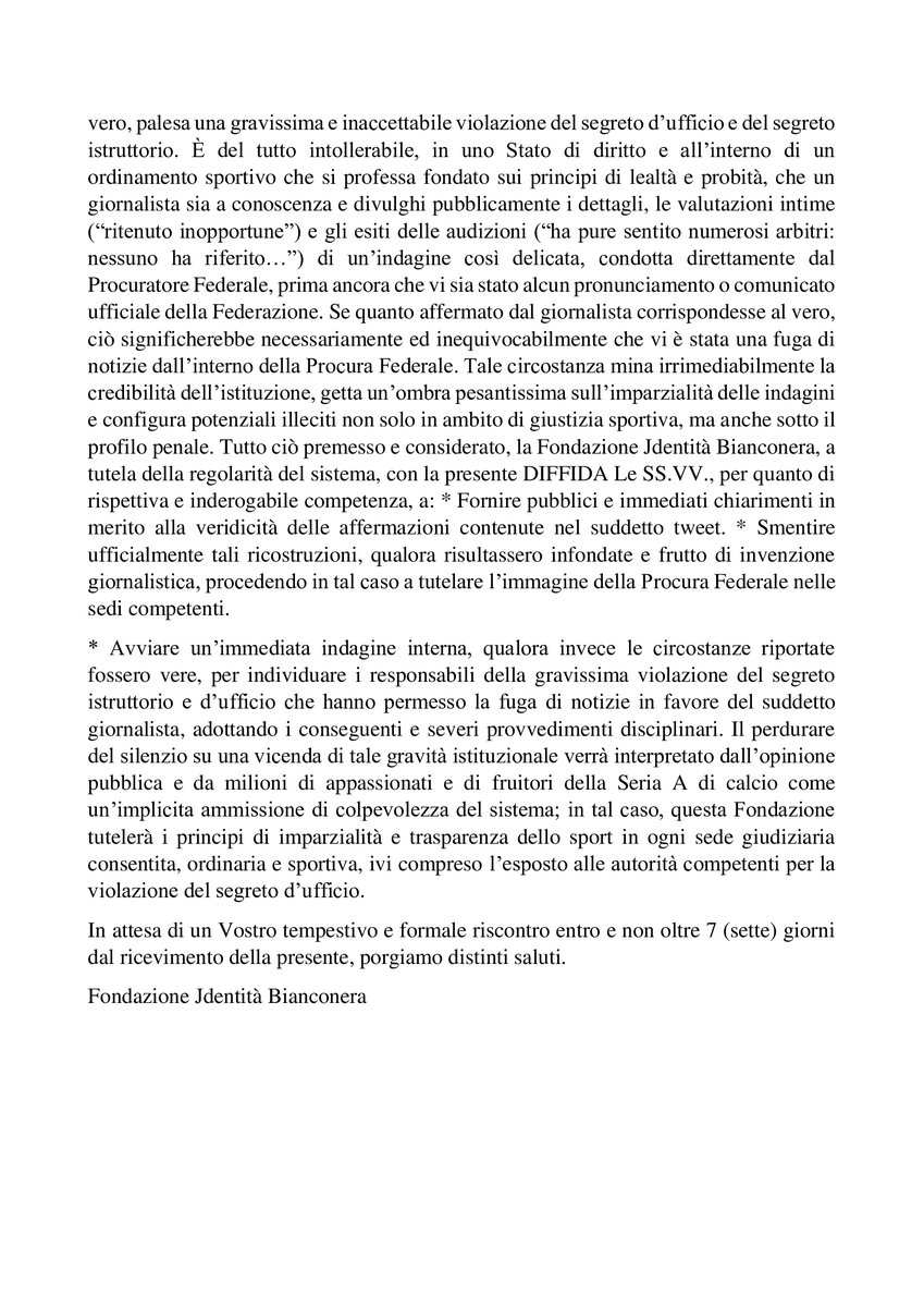 MarcoCento38849's tweet photo. Formale  diffida e richiesta urgente di chiarimenti in merito alla gravissima e  presunta violazione del segreto d’ufficio e istruttorio a seguito del  tweet del giornalista Giulio Mola. @fondazioneJdentitàBianconera. fondazionejb. https://t.co/WmzpSX10qE