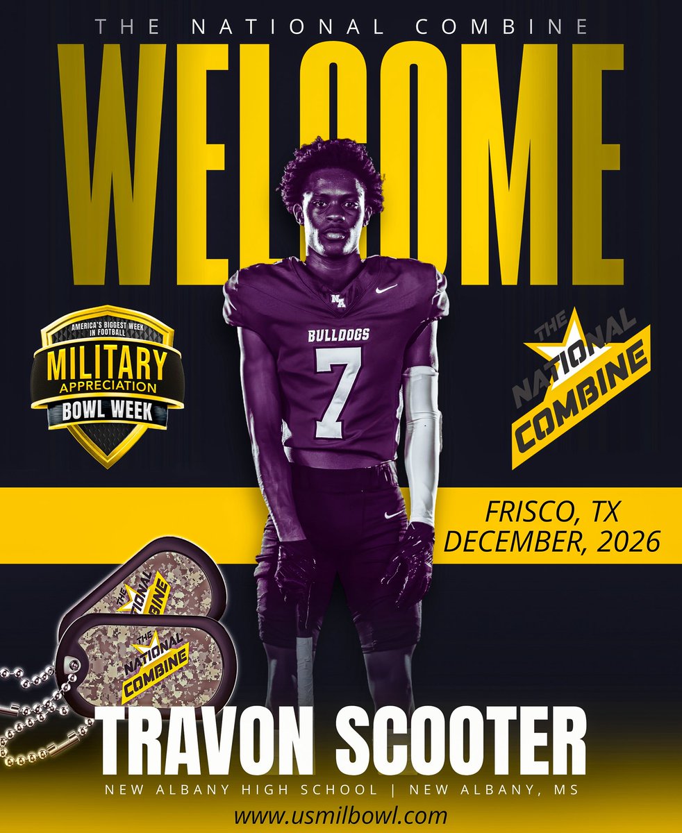 USArmyBowl's tweet photo. Welcome to Frisco, Texas and the 2026 Military Appreciation Bowl National Combine! Travon Scooter (@Travonscooter1) is the next invitee making his way to the Lone Star State to compete against the nation’s best! 

Nominate an athlete at https://t.co/D5n3dK3KGF https://t.co/uu9LP6ghZo