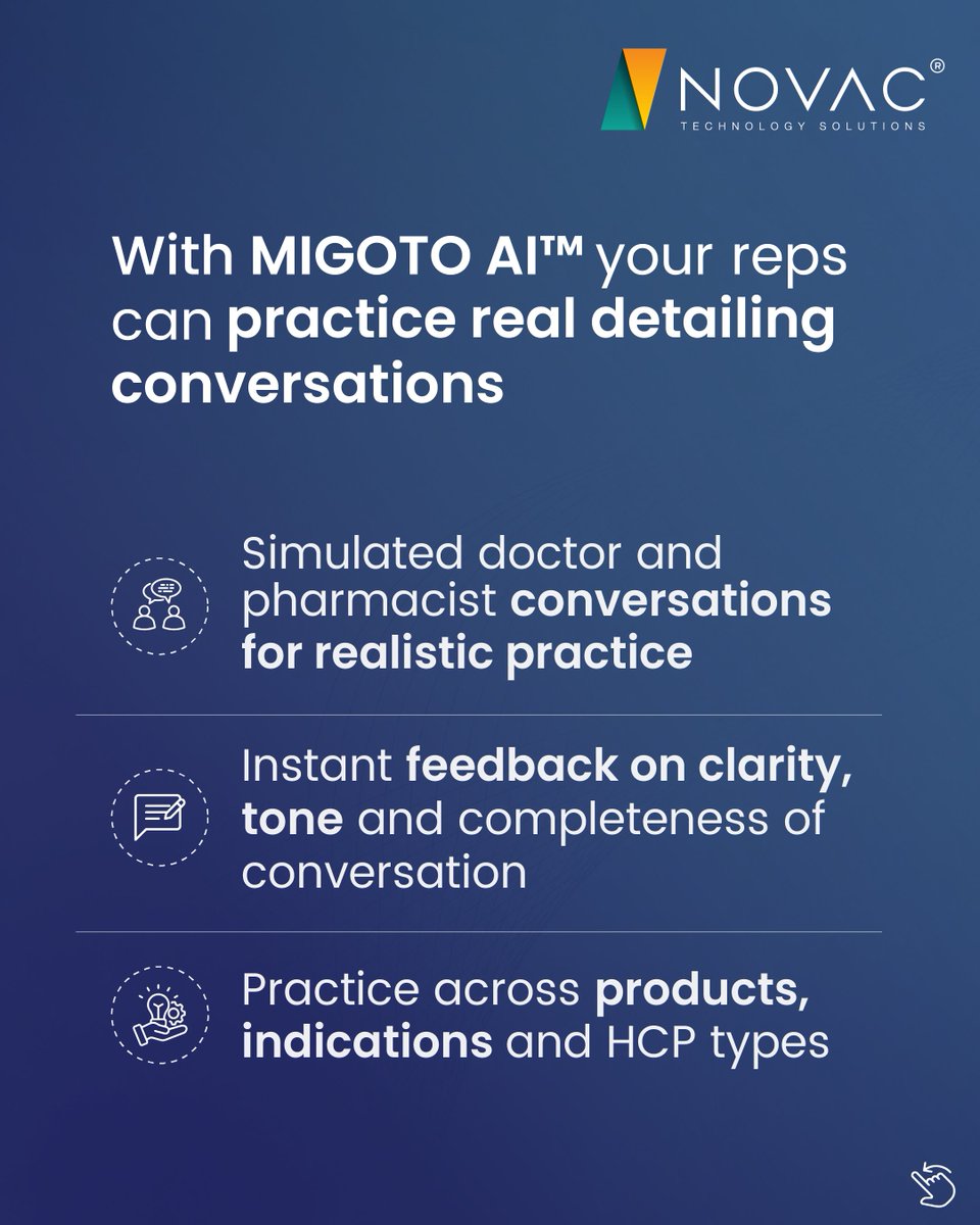 NovacTechnology's tweet photo. What if reps could enter every HCP conversation with confidence? MIGOTO AI™ helps them practice, get feedback and sharpen their detailing skills. 

Explore #MIGOTOAI™ and help your reps feel more confident before each field visit: https://t.co/XFgNsPH8eK 

#PharmaAIRoleplay https://t.co/pGdJIkR0IS