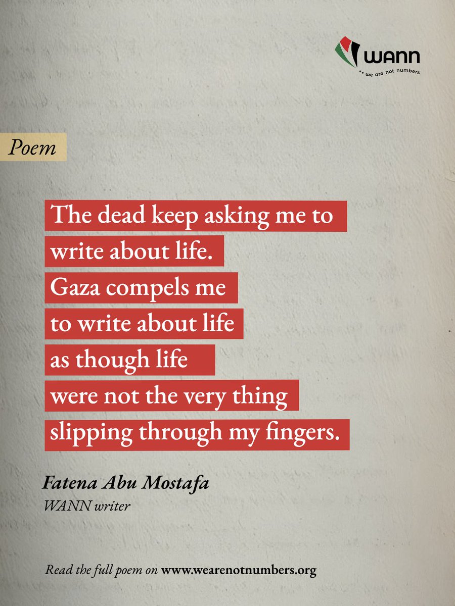 WeAreNotNumbers's tweet photo. When everything around you is disappearing, what does poetry have left to say?

A poem from #Gaza about grief, memory, and the impossible task of writing about life while living through its loss.

Read the full poem by our writer Fatena Abu Mostafa on our website 🧵 https://t.co/tyY4wpdsfG