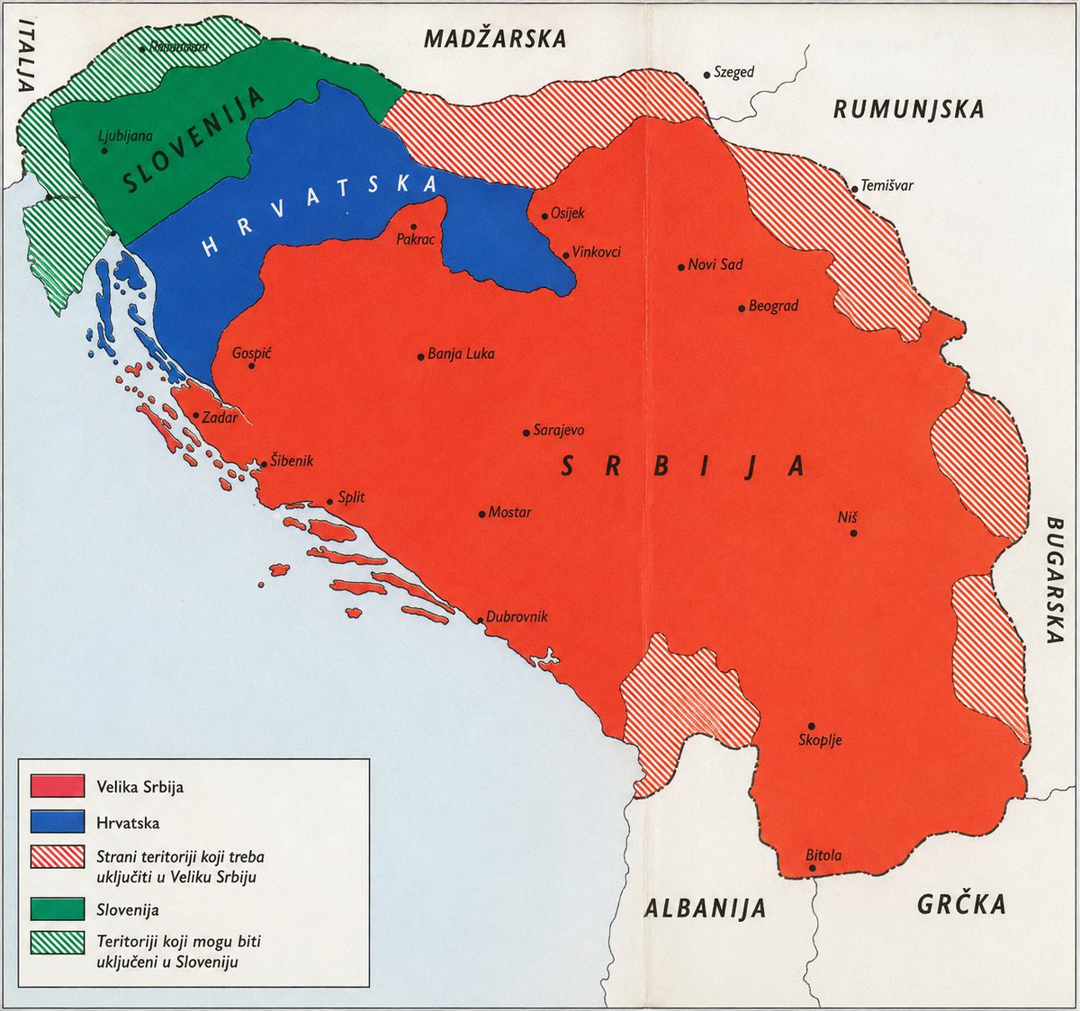 SiggySwans's tweet photo. Према пројекту Стевана Мољевића „Хомогена Србија“, из јуна 1941. године, било је предвиђено стварање Велике Србије у оквиру обновљене Велике Југославије. Нова Србија требало је да обухвати целу тадашњу Србију, Војводину, Црну Гору, Косово и Метохију и Македонију.

Према овом пројекту, границе Србије требало је проширити тако да обухвате српско етничко подручје и обезбеде излаз на море.

Исток: постојећа граница Србије из ратова за ослобођење, уз проширење на Видин и Ћустендил.

Југ: српској области прикључити територију Зетске бановине: целу источну Херцеговину са пругом Коњиц–Плоче, срезове Мостар, Гацко, Билећа и Житомислићи, цели столачки срез, Плоче и подручје јужно од Плоча, као и Дубровник са посебним статусом. Ако Албанија не добије аутономију, прикључити и северну Албанију.

Запад: створити Западну српску област, која би обухватила Северну Далмацију, српске делове Лике, Кордуна, Баније и источне Славоније, са простирањем према Костајници. У њу би ушли: бугојански срез без Горњег Вакуфа; Ливно и Доње Поље; Шибеник и Скрадин; Книн и српски део Дрниша; евентуално српски део Врлике; Бенковачки и Биоградски срез; Задар са свим острвима; Госпић, Лички Осик и Медак; источни део Перушићког среза; Дабар, Шкара и Врховине; Дрежница, Гомирје, Горња Дубрава и Плашки; део Војнићког среза; цели Вргинмостски срез; део Глинског среза; Блиња, Градаса, Јабуковац и Суња; Бобовац; Јасеновац и Вањска Новска; Окучански срез; део Пакрачког среза; Велики Село; Дарувар; Грубишно Поље и Слатина, као и сви срезови који се нађу унутар овако повучене границе. Област би обухватила око 46 срезова, а граница би стратешки обезбедила Задар и околна острва, као и железничку везу Ваљево–Бања Лука–Шибеник.

Север: северној српској области, поред територије Дунавске бановине, вратити Вуковар, Шид, Илок, од Винковачког среза Винковце, Лазе, Мирковце и Нове Јанковце, као и цео срез и град Осијек. Додати Барању са Печујем и источни Банат са Темишваром и Решицом.

Средишња Србија: Дринској бановини вратити босанске срезове Брчко, Травник и Фојницу.

Далмација: посебна аутономна област у саставу Србије, која би обухватала јадранску обалу од Плоча до подручја испод Шибеника, срезове Прозор, Љубушки и Дувно, западне делове Мостарског и Ливањског среза, као и делове Книнског и Шибеничког среза.

Слична територијална идеја појавила се и на саветовању младих српских интелектуалаца из Црне Горе у Шаховићима код Бијелог Поља крајем 1942. године. За разлику од Мољевићевог пројекта, који је конкретно предвиђао исељење око милион Хрвата и пола милиона Немаца и усељавање 1.310.000 Срба, Шаховићки нацрт је говорио о уласку у Србију „свих оних покрајина“ на које се полагало историјско право, уз истицање етничких, политичких, економских и стратешких разлога.

Према овим замислима, Југославија би и даље постојала као национално унитарна монархија, али би Србија имала знатно проширене границе, док би Хрвати и Словенци имали широке облике самоуправе.