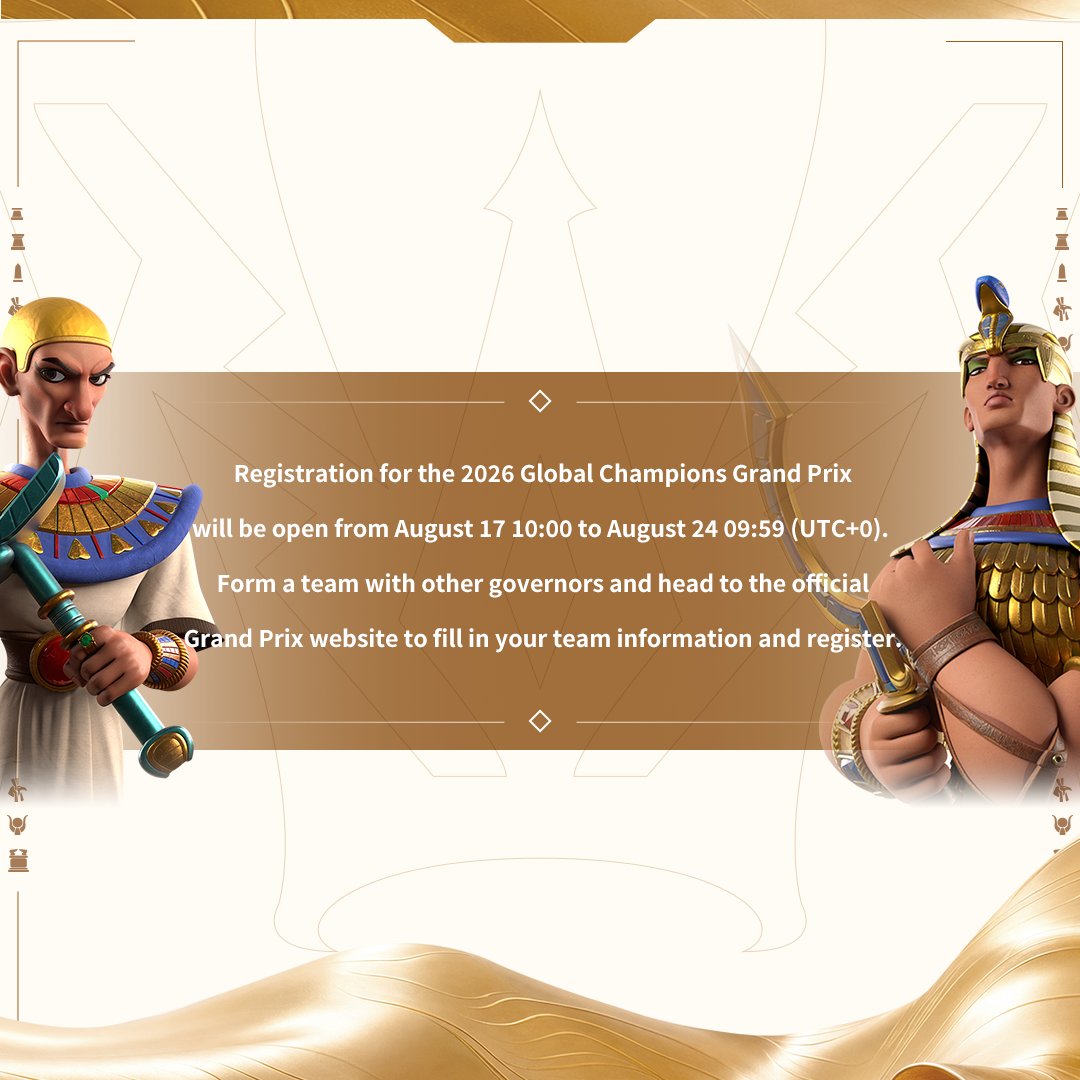 riseofkingdoms's tweet photo. 🔥 Registration for the 2026 RoK Global Champions Grand Prix is now open!

⚔️ Which team will break through and join the Osiris League’s top four on the global stage?

🗓️ Aug 17, 10:00–Aug 24, 09:59 UTC
🔗 https://t.co/mLDY4tafN6 https://t.co/rRkK9opN5V