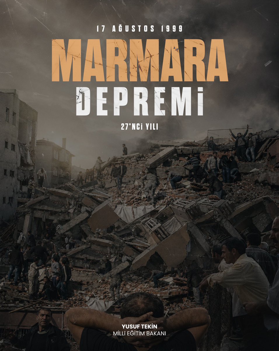 Yusuf__Tekin's tweet photo. 17 Ağustos 1999 Marmara Depremi’nin 27'nci yıl dönümündeyiz.

Coğrafyamızın kaçınılmaz bir gerçeği olan depremlere karşı hazırlıklı olmak ve dirençli bir toplum inşa edebilmek, ancak temelleri sağlam atılmış bir eğitim bilinciyle mümkündür.

Bakanlık olarak Türkiye Yüzyılı Maarif Modeli çerçevesinde evlatlarımızın afet farkındalığını artıracak eğitimleri kararlılıkla sürdürüyor, aynı zamanda eğitim kurumlarımızın fiziki altyapılarını güvenli kılacak güçlendirme ve modernizasyon adımlarını aralıksız atıyoruz.

Bu vesileyle depremlerde yaşamını kaybeden tüm vatandaşlarımıza Yüce Allah'tan rahmet, kederli ailelerine sabır ve başsağlığı diliyorum.