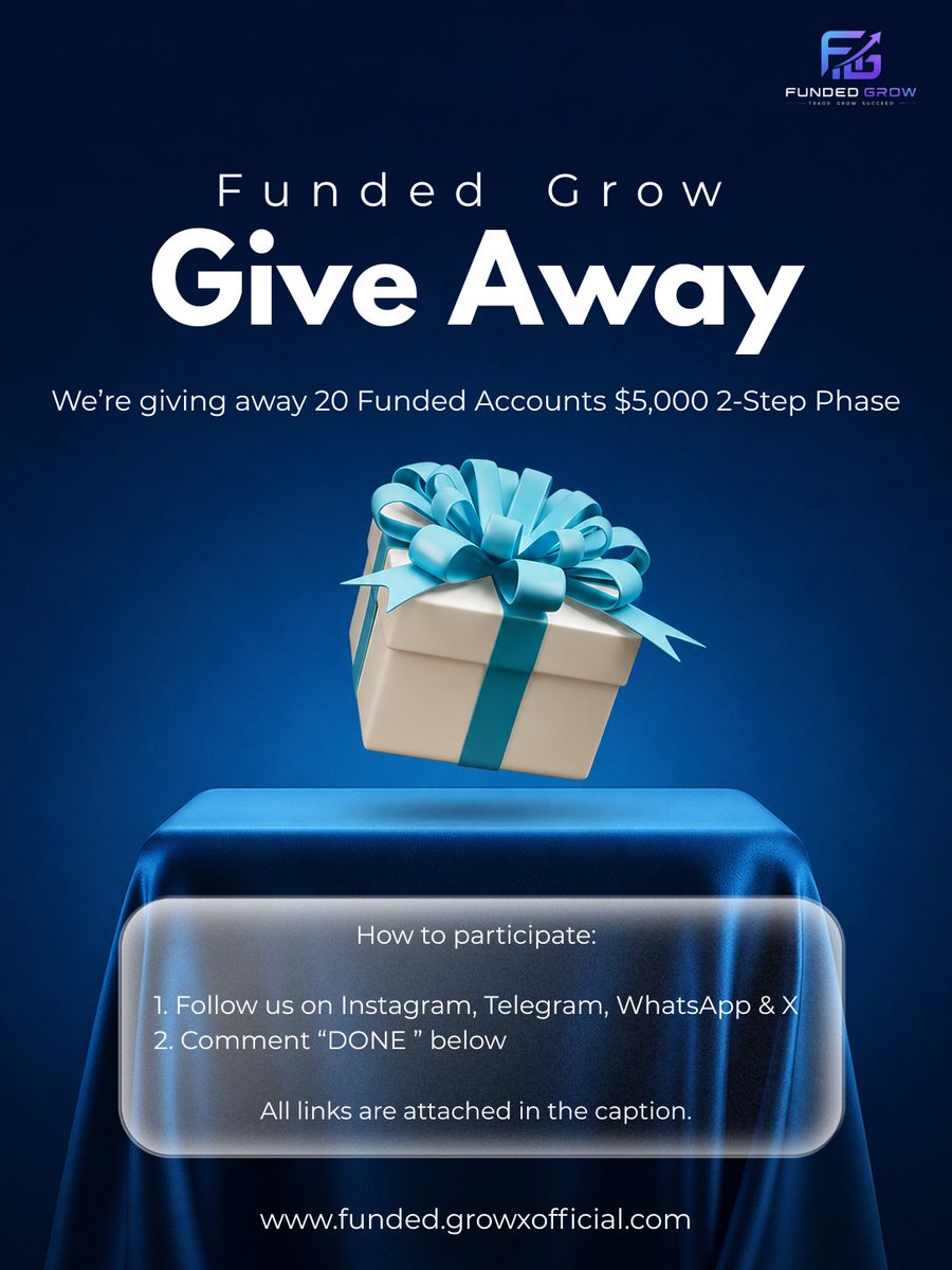 GrowXMarket's tweet photo. 🎁 GIVEAWAY ALERT! 🚨
Links:
https://t.co/nGJdkuoWo0
We’re giving away 20 funded trading accounts worth $5,000 each! 💰📈
Want to be one of the lucky winners? Here’s how to enter:
1️⃣ Follow us on Instagram, Telegram, WhatsApp & X
2️⃣ Comment “DONE” below 👇
3️⃣ All links are attached in the caption.

Don’t miss your chance to get funded and take your trading to the next level! 🚀🔥