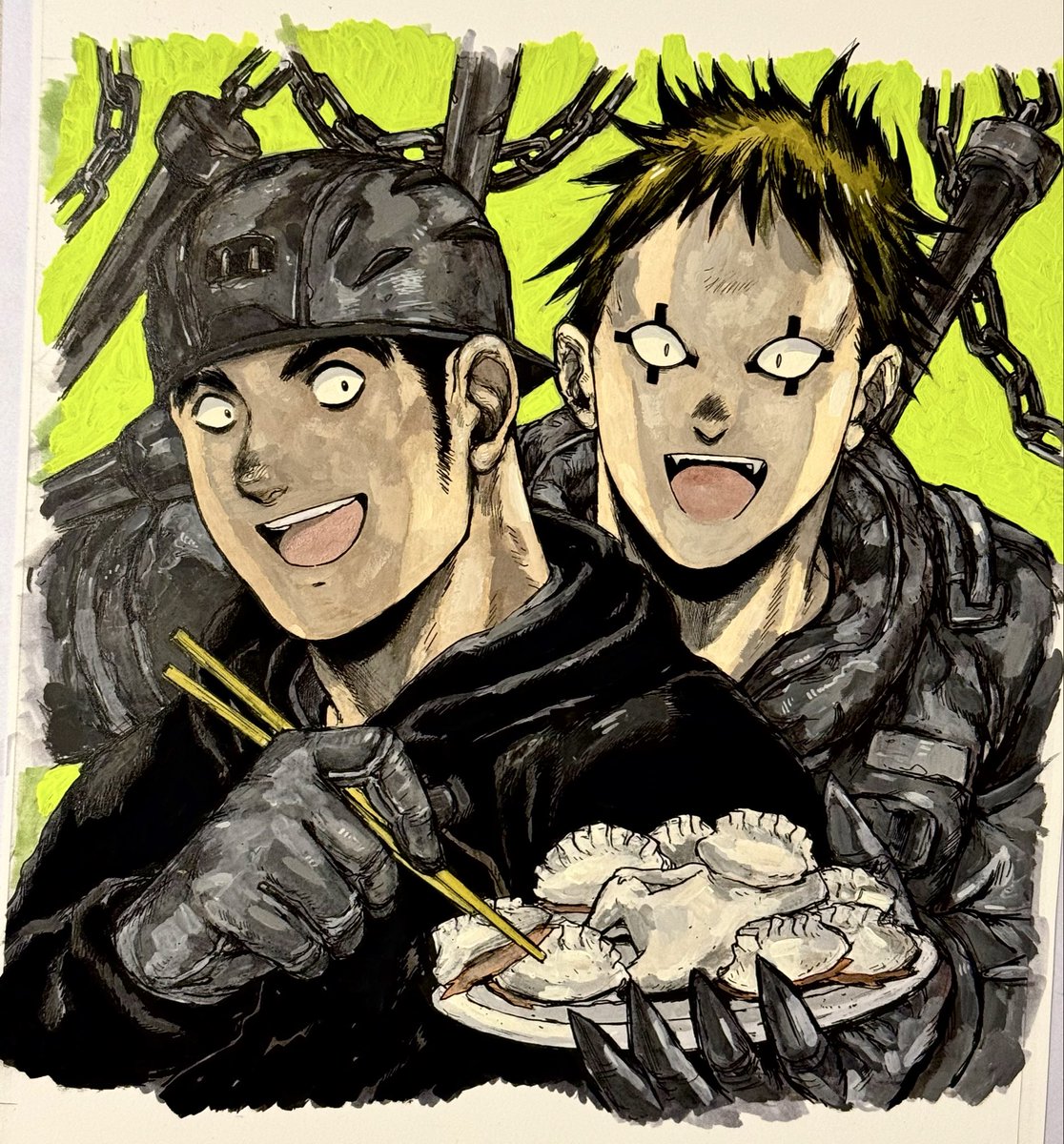 chidarumakun's tweet photo. この絵のコースターが
10月21日発売の
ドロヘドロアニメBlu-rayBOX下巻
完全数量限定版のおまけになったよ！
よろしくね〜 https://t.co/SzhjuK2KA9