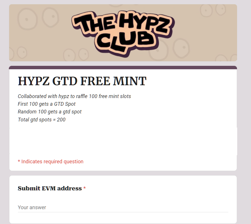 Shrmurda's tweet photo. Fill out this form ASAP! 

200 @hypzclub free mints spots 

https://t.co/pOWsEopcvT

The first 100 get a GTD free mint spot; 

In addition, 100 random persons get a GTD spot. 

Good luck! https://t.co/Sa8U5kU4s9