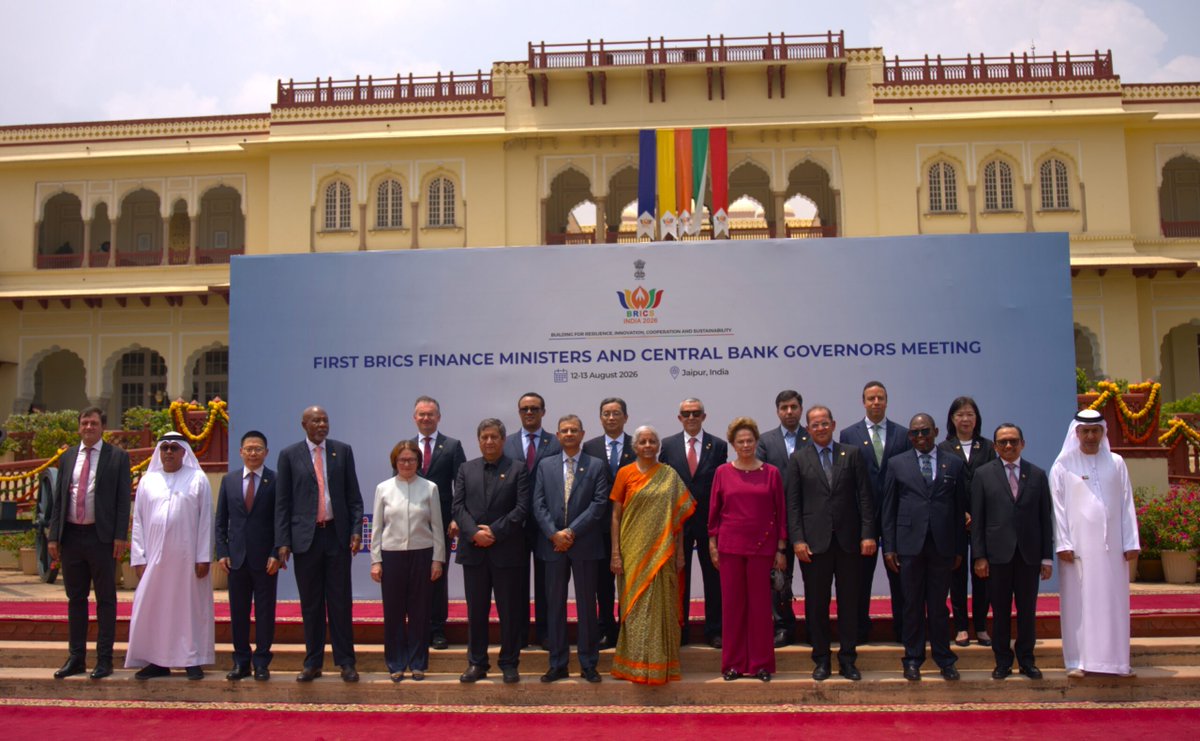 NDB_int's tweet photo. On August 13, H.E. Mrs. Dilma Rousseff, President of NDB, delivered remarks and joined the official group photograph at the First BRICS Finance Ministers and Central Bank Governors (FMCBG) Meeting, held under India's BRICS Chairship in Jaipur. 

#brics2026 #brics2026india https://t.co/LwY77cZuFn