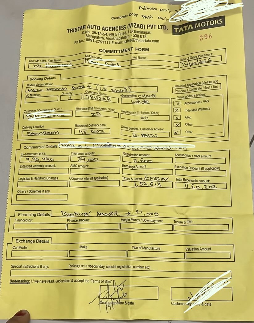 DhukharamC's tweet photo. Customer Support Needed 🚨

@TataMotors I booked a Tata Nexon on 14March 2026 in Visakhapatnam, Andhra Pradesh. At the time of booking, I was clearly informed that the waiting period would be 45 days. #TataMotors #TataNexon #CustomerService #TataNexonBooking https://t.co/vQbHcqO1CM